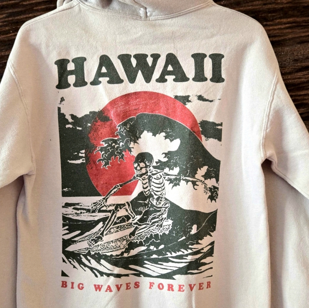 Hawaiian Graphic Hoodie Skeleton On Surfboard "Big Waves Forever" Unisex Surfer
